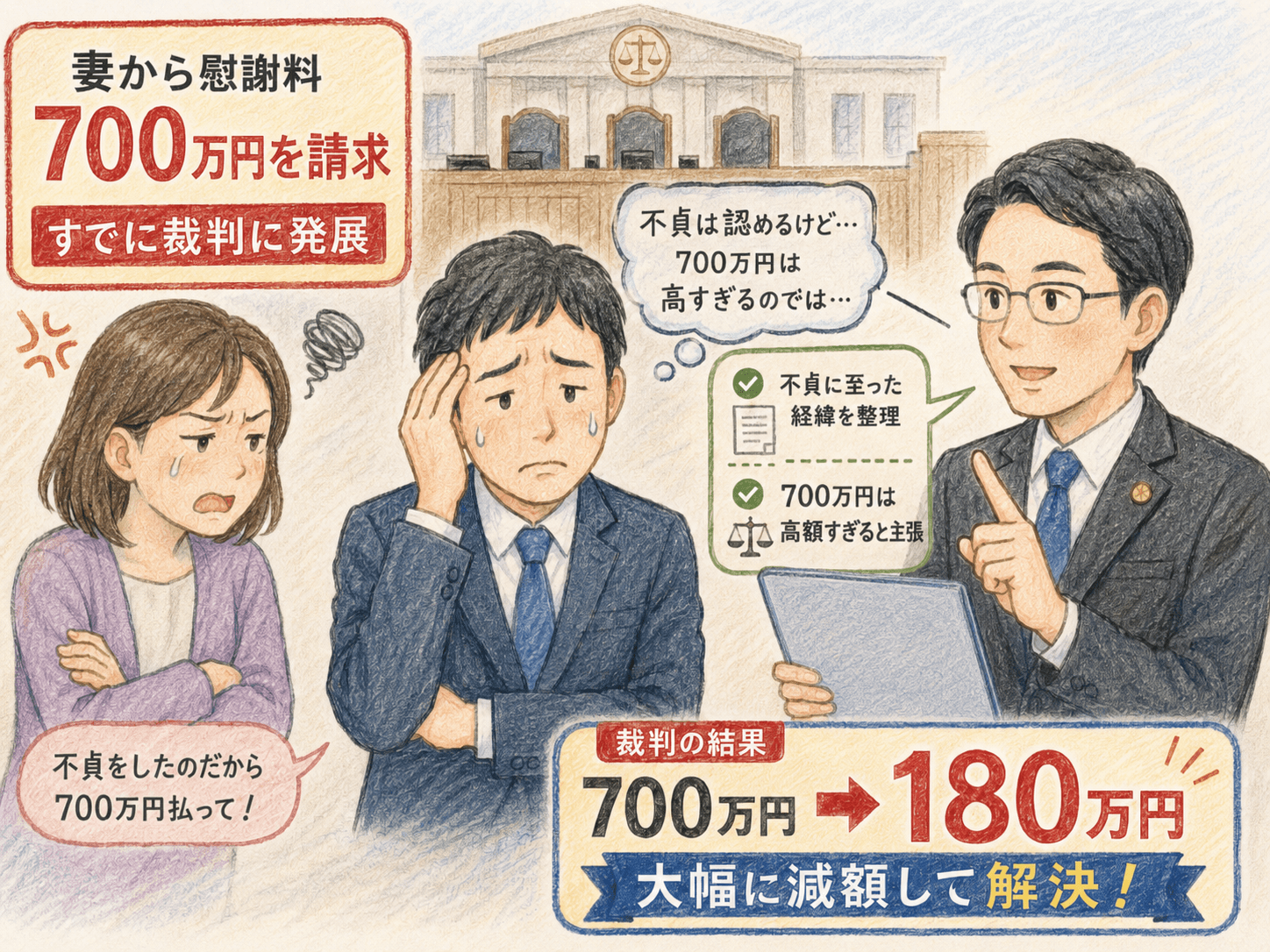 ３－１　解決事例１：７００万円の不貞慰謝料請求を訴訟対応により１８０万円で解決した事例